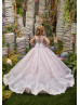 Beaded Ivory Lace Tulle Flower Girl Dress With Pink Lining Beaded Ivory Lace Tulle Flower Girl Dress With Pink Lining